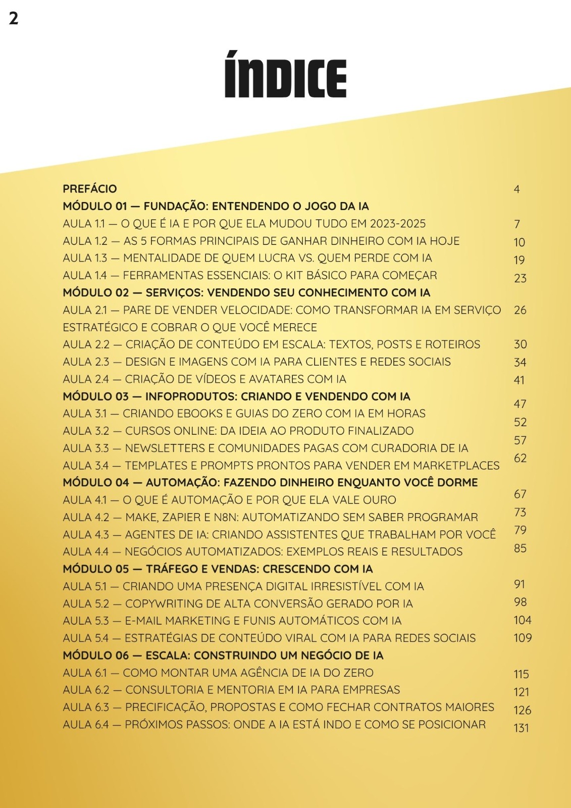 Índice do curso com seis módulos e 24 aulas.